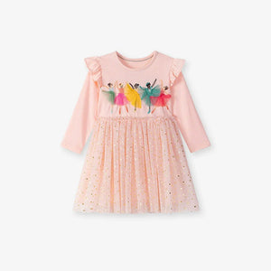 Autumn and Spring Arrival Princess Cartoon Pattern Long Sleeves Tulle Patchwork Dress for Stylish Girls-0