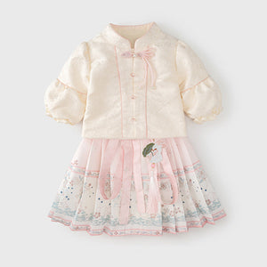 Autumn Arrival Baby Girls Simple Stand Collar Top and Rabbits Pattern Skirt Clothing Set-0