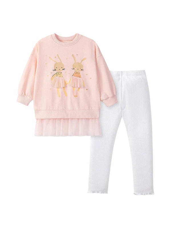 Spring and Autumn Girls Rabbits Cartoon Pattern Long Sleeves Sweatshirt and White Pants Clothing Set-1