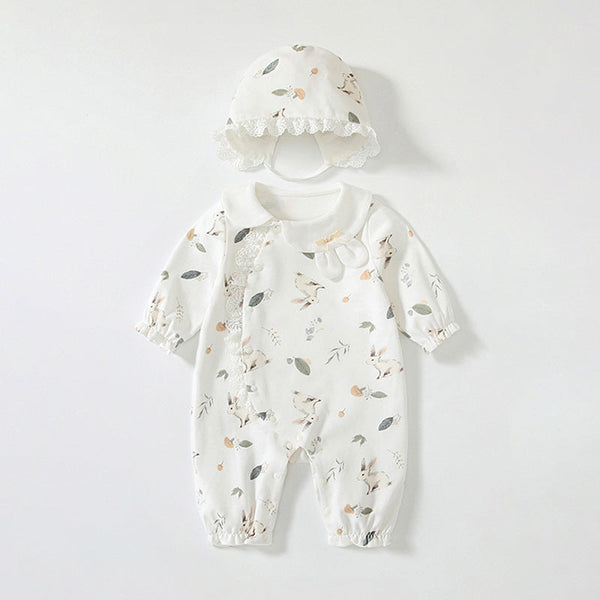 Spring New Arrival Baby Girls Flowers and Rabbits Pattern Romper with Cute Collar-4